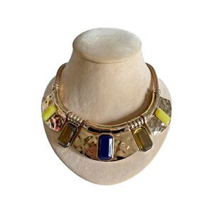 Bansri Collar Necklace Gold tone with Blue and Yellow Gem Accents